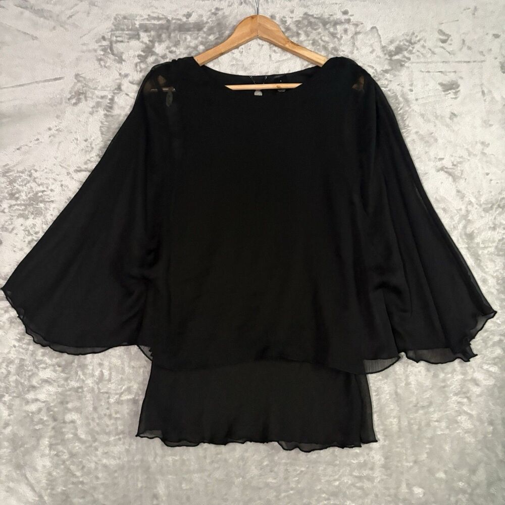 BKE Boutique Layered Black Blouse Top Size S - Angel / Flutter Sleeves Sheer